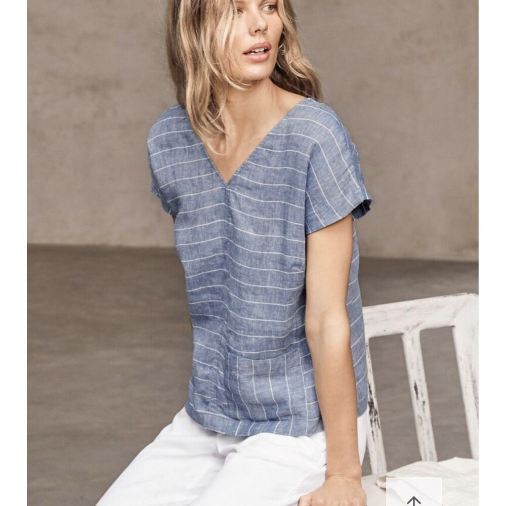 Garnet Hill V-Neck Linen Top Womens M Blue Striped Minimalist Boxy Relaxed Fit